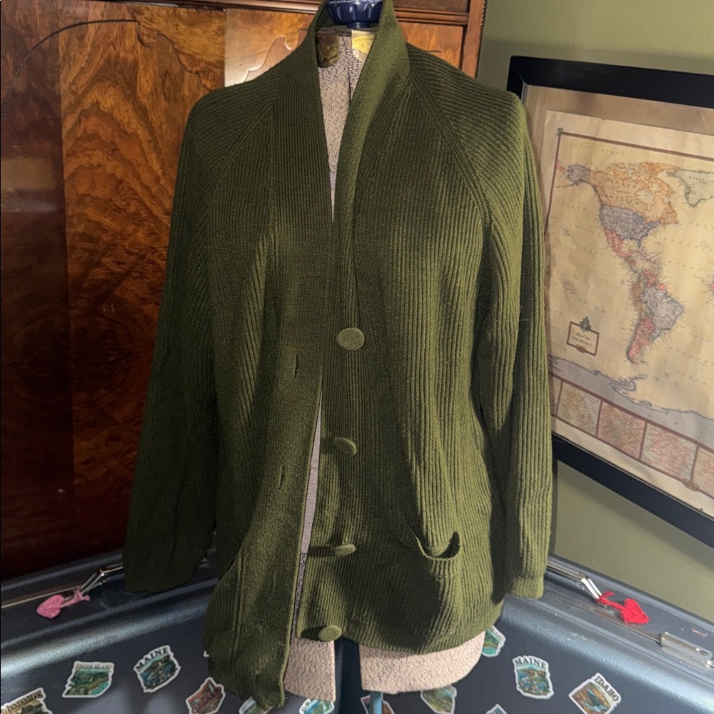 Vintage Olive Green Karen Scott Ribbed Cardigan Sweater Size L